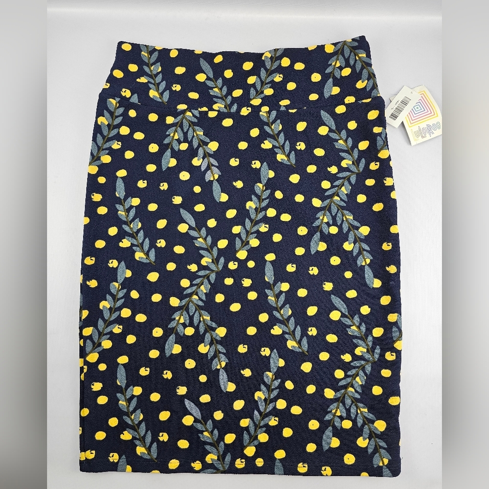 LuLaRoe Cassie Pencil Skirt Navy Blue Yellow Polka Dot Size XL